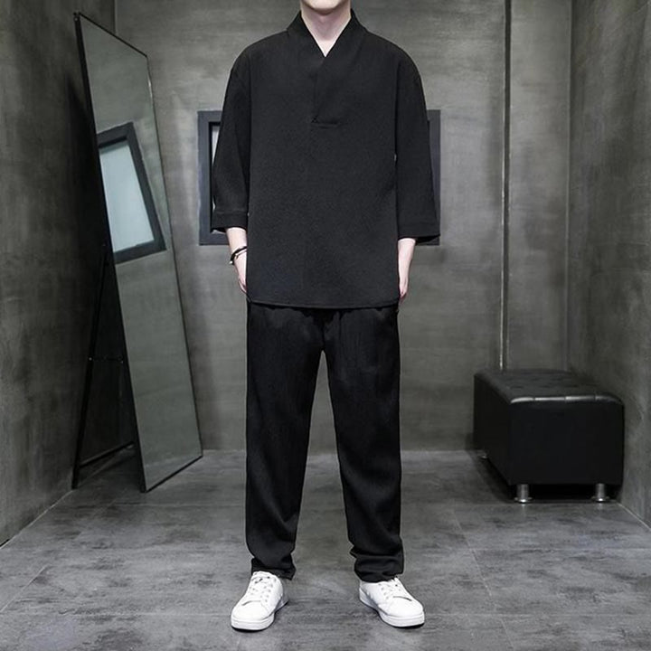 Buddha Stones Solid Color V-Neck Three Quarter Sleeve Shirt Casual Pants Clothing Men's Set - Black - US/UK/AU44，EU54 (4XL) - image 8