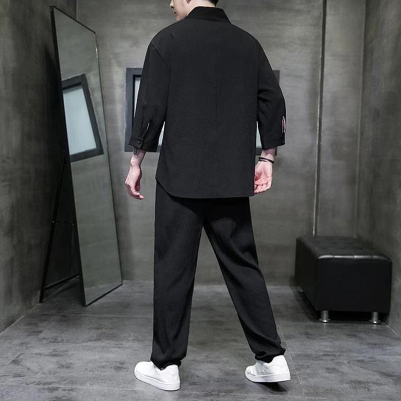 Buddha Stones Solid Color V-Neck Three Quarter Sleeve Shirt Casual Pants Clothing Men's Set - image 10