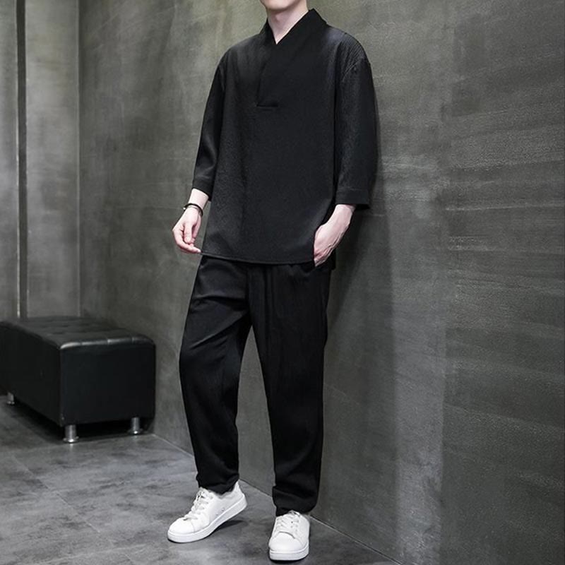 Buddha Stones Solid Color V-Neck Three Quarter Sleeve Shirt Casual Pants Clothing Men's Set - image 11