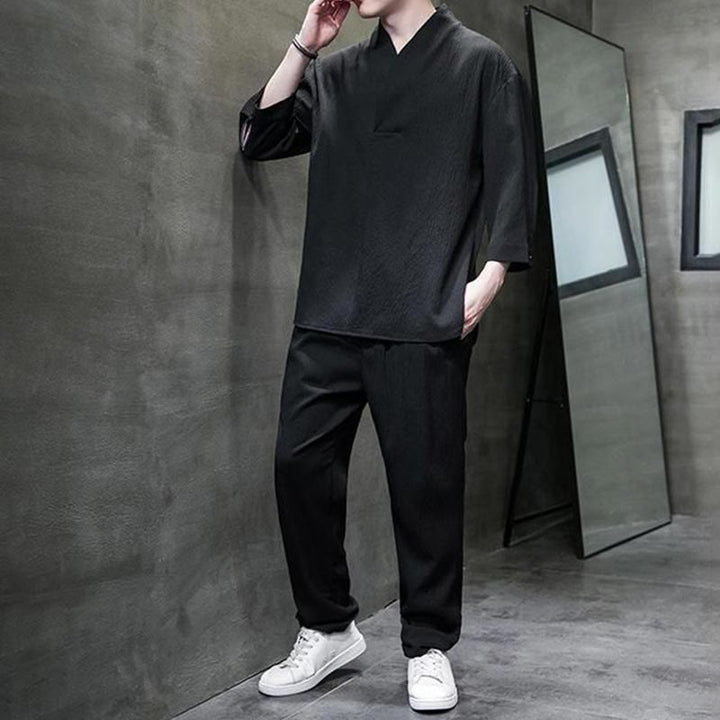Buddha Stones Solid Color V-Neck Three Quarter Sleeve Shirt Casual Pants Clothing Men's Set - image 17