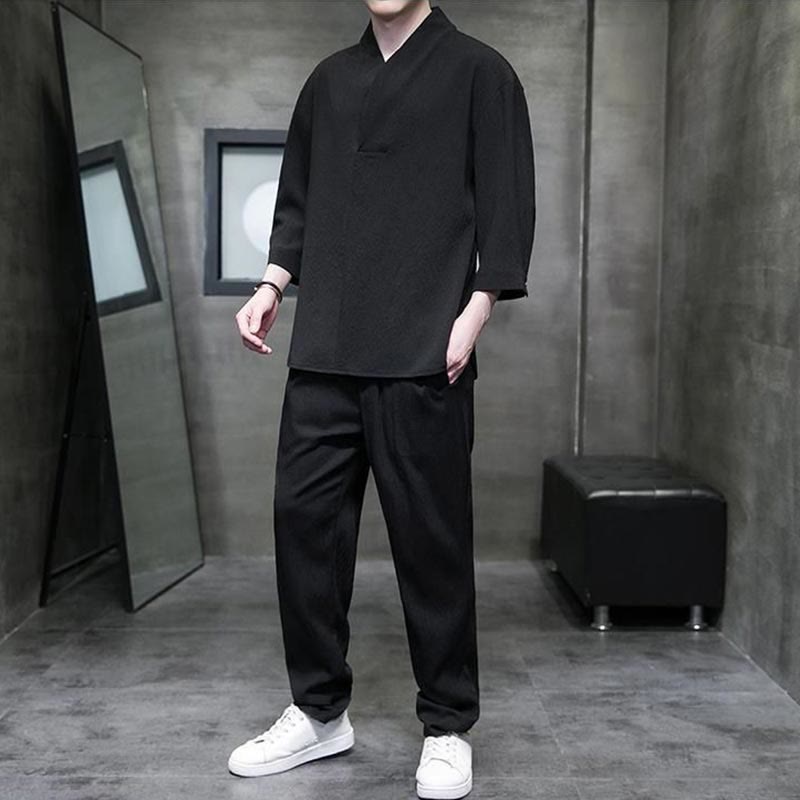 Buddha Stones Solid Color V-Neck Three Quarter Sleeve Shirt Casual Pants Clothing Men's Set - image 9