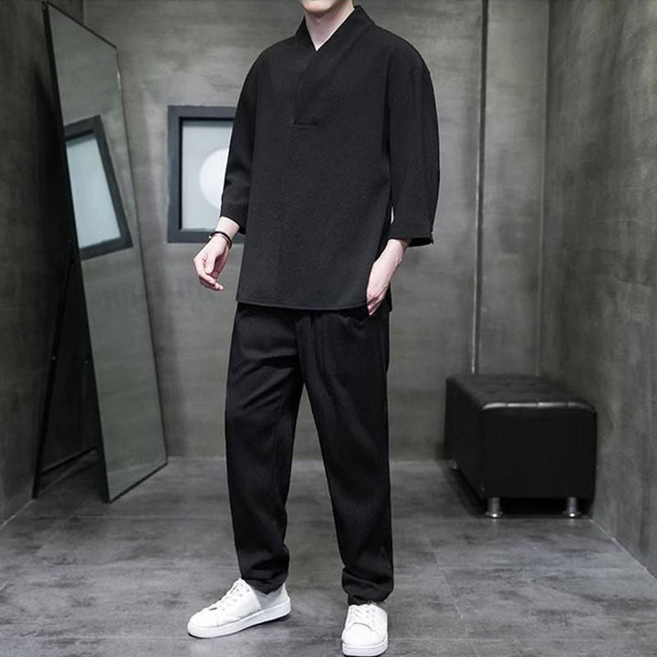 Buddha Stones Solid Color V-Neck Three Quarter Sleeve Shirt Casual Pants Clothing Men's Set - image 9