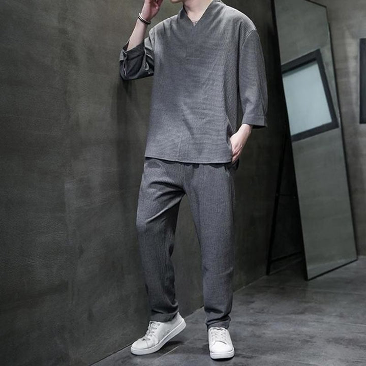 Buddha Stones Solid Color V-Neck Three Quarter Sleeve Shirt Casual Pants Clothing Men's Set - image 22