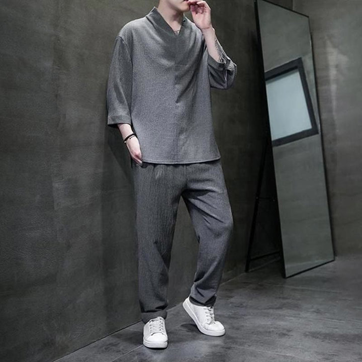 Buddha Stones Solid Color V-Neck Three Quarter Sleeve Shirt Casual Pants Clothing Men's Set - image 21