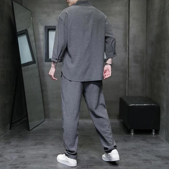 Buddha Stones Solid Color V-Neck Three Quarter Sleeve Shirt Casual Pants Clothing Men's Set - image 20