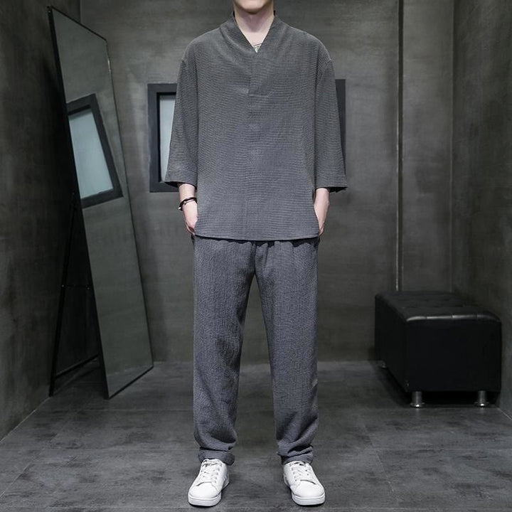 Buddha Stones Solid Color V-Neck Three Quarter Sleeve Shirt Casual Pants Clothing Men's Set - DimGray - US/UK/AU44，EU54 (4XL) - image 19