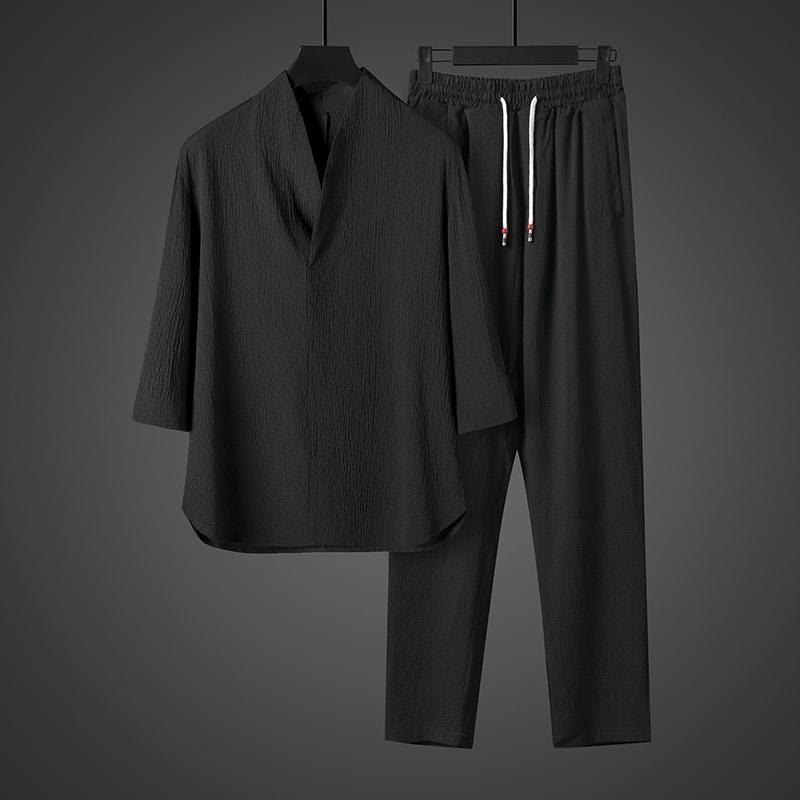 Buddha Stones Solid Color V-Neck Three Quarter Sleeve Shirt Casual Pants Clothing Men's Set - image 12