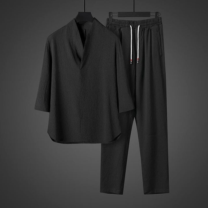 Buddha Stones Solid Color V-Neck Three Quarter Sleeve Shirt Casual Pants Clothing Men's Set - image 12
