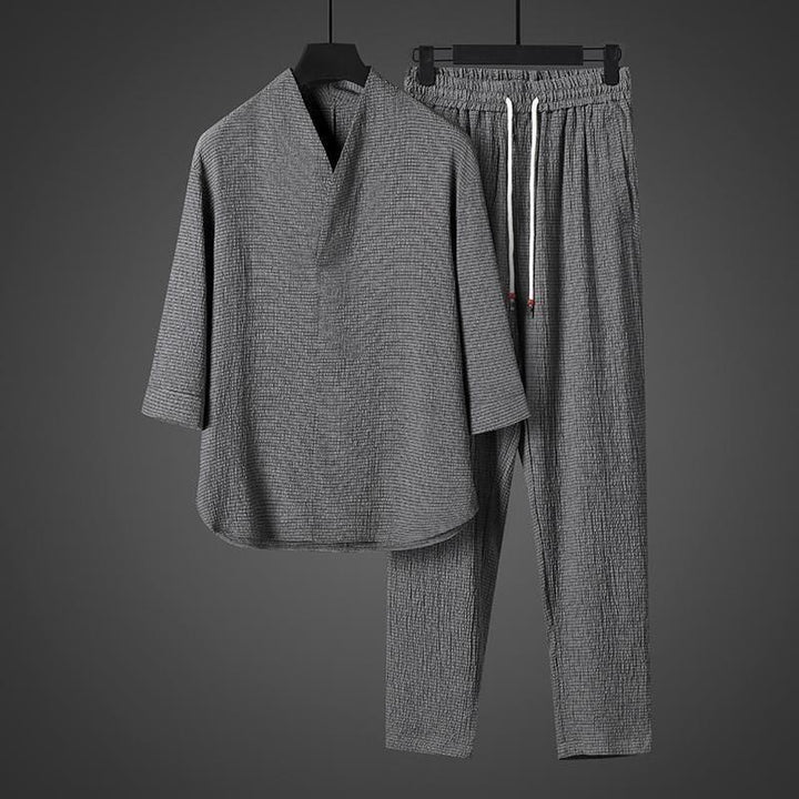 Buddha Stones Solid Color V-Neck Three Quarter Sleeve Shirt Casual Pants Clothing Men's Set - image 23