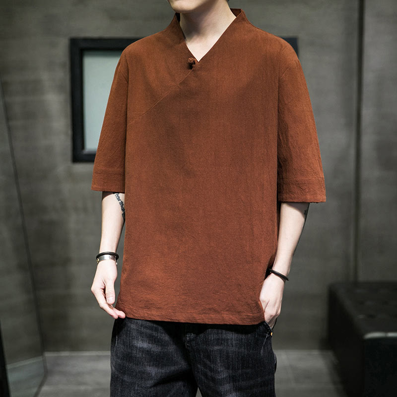 Buddha Stones V-Neck Plain Men's Half Sleeve Cotton Shirt - Peru - 5XL(Fit for USUK/AU46; EU56) - image 0