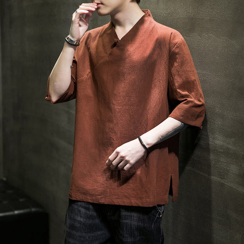 Buddha Stones V-Neck Plain Men's Half Sleeve Cotton Shirt - image 3