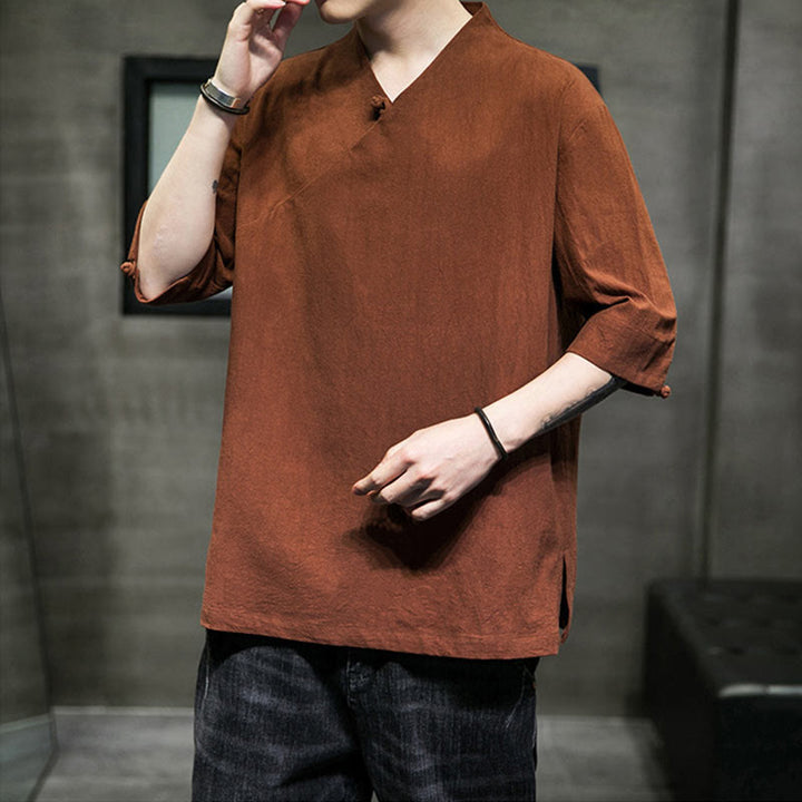 Buddha Stones V-Neck Plain Men's Half Sleeve Cotton Shirt - image 7