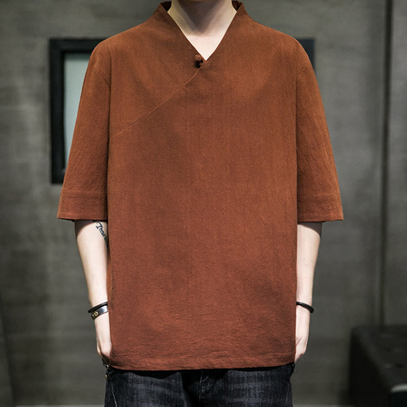 Buddha Stones V-Neck Plain Men's Half Sleeve Cotton Shirt - image 1