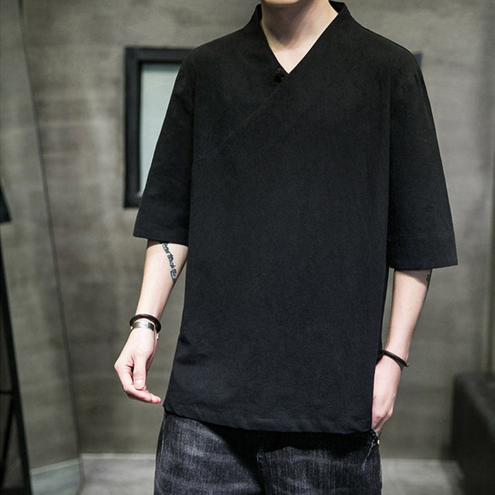 Buddha Stones V-Neck Plain Men's Half Sleeve Cotton Shirt - Black - 5XL(Fit for USUK/AU46; EU56) - image 11