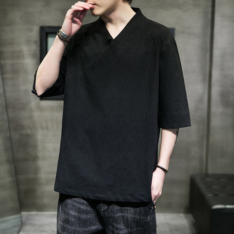 Buddha Stones V-Neck Plain Men's Half Sleeve Cotton Shirt - image 15