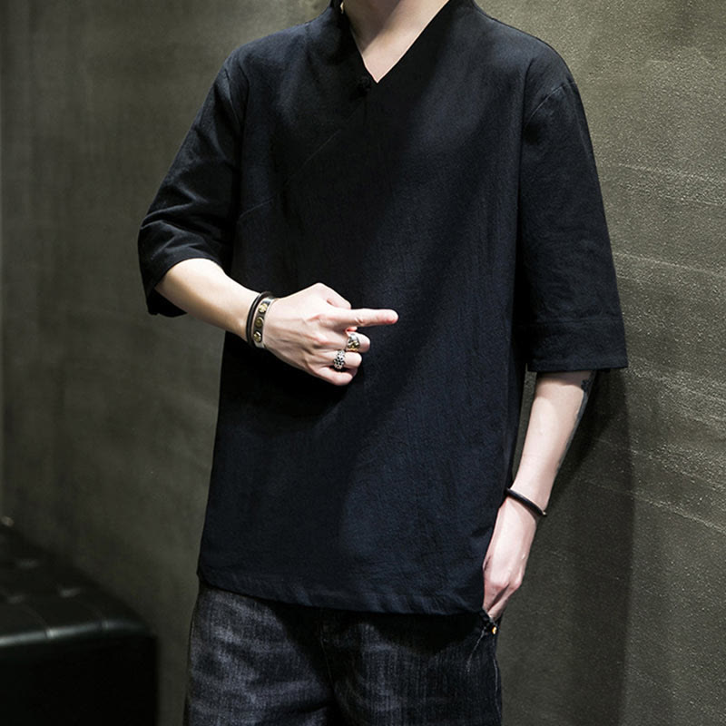 Buddha Stones V-Neck Plain Men's Half Sleeve Cotton Shirt - image 18