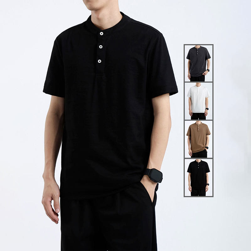 Buddha Stones Summer Short Sleeve Half Button Shirt Cotton Linen Men Clothing