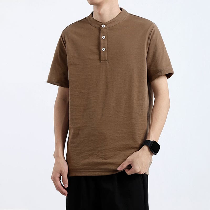 Buddha Stones Summer Short Sleeve Half Button Shirt Cotton Linen Men Clothing