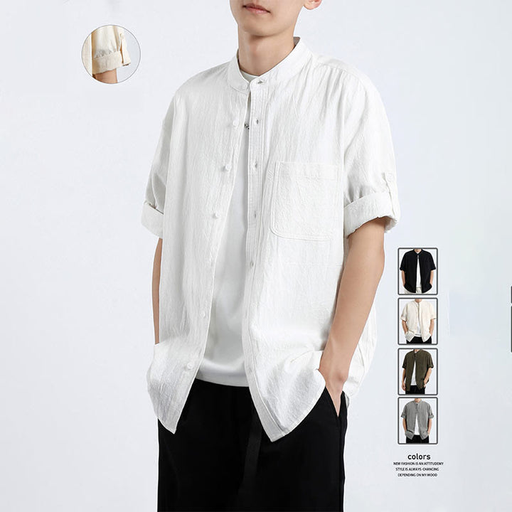 Buddha Stones Simple Men's Short Sleeve Button Down Cotton Linen Shirt