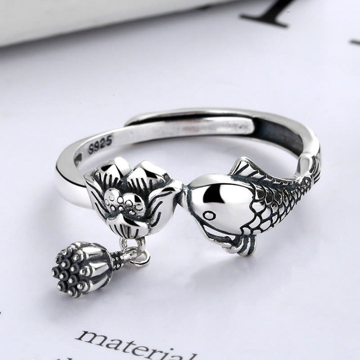 Buddha Stones 925 Sterling Silver Koi Fish Lotus Flower Success Ring - image 1