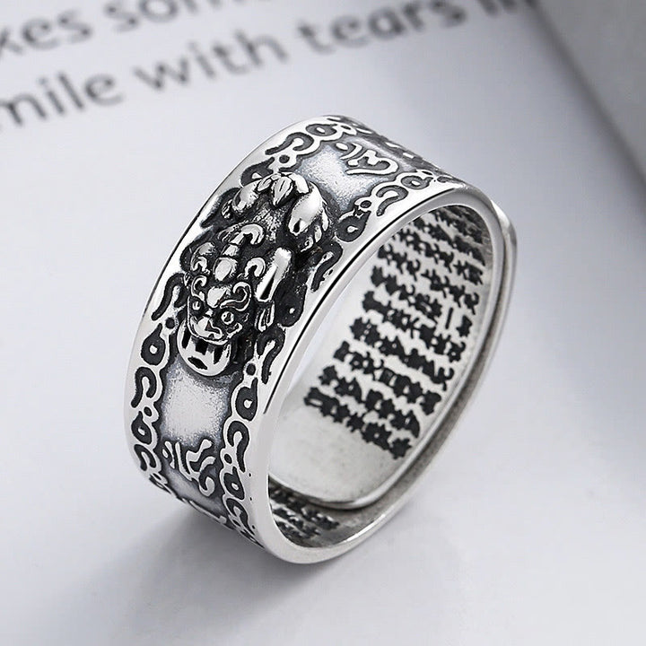 Buddha Stones 925 Sterling Silver PiXiu Scripture Carved Wealth Adjustable Ring - PiXiu(Wealth♥Luck)(Adjustable) - image 0