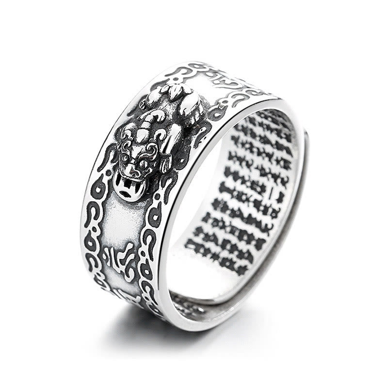 Buddha Stones 925 Sterling Silver PiXiu Scripture Carved Wealth Adjustable Ring