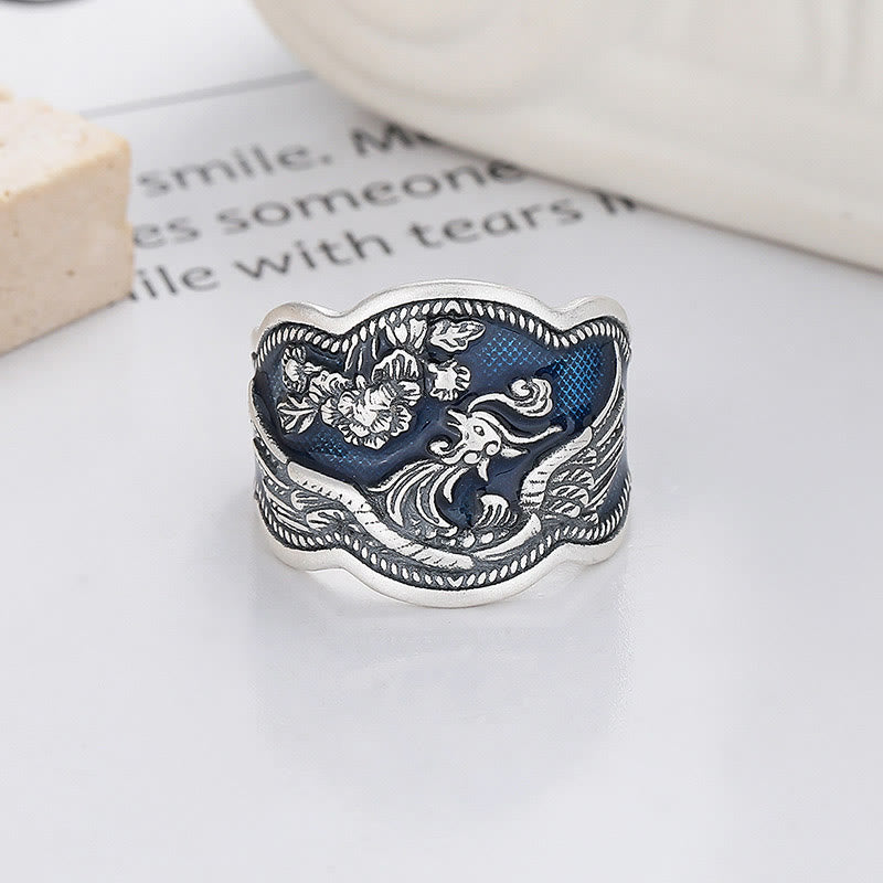 Buddha Stones 925 Sterling Silver Phoenix Peony Flowers Carved Luck Adjustable Ring - Phoenix(Adjustable) - image 0