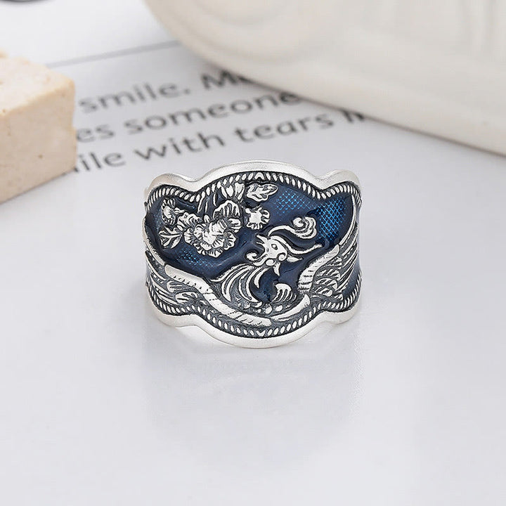 Buddha Stones 925 Sterling Silver Phoenix Peony Flowers Carved Luck Adjustable Ring - Phoenix(Adjustable) - image 0