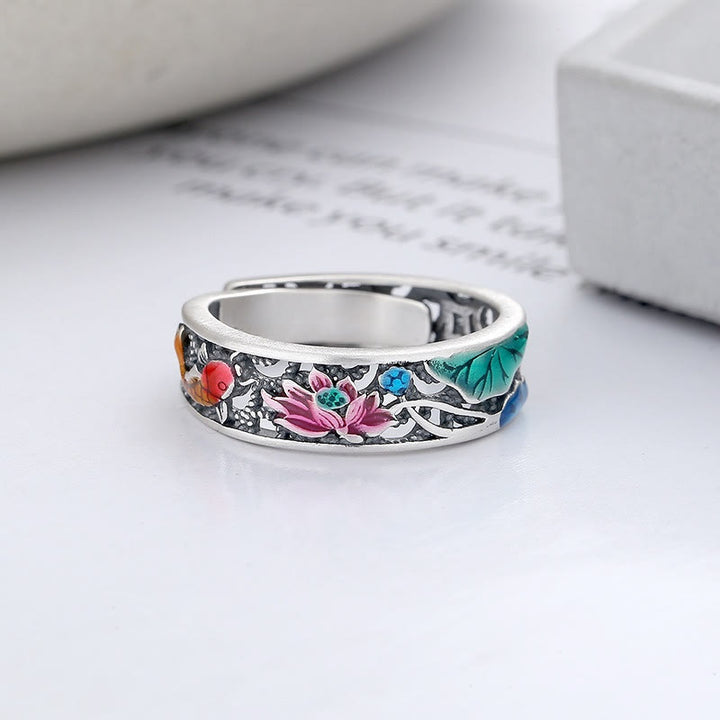 Buddha Stones 925 Sterling Silver Koi Fish Lotus Luck Everything Goes Well Ring - image 1
