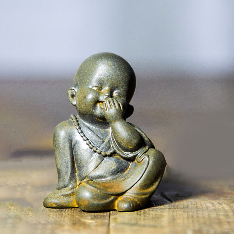 Buddha Stones Small Meditating Monk Iron Powder Rust Cast Resin Statue Desk Decoration - Monk Covering His Mouth 6.5*5cm - image 0