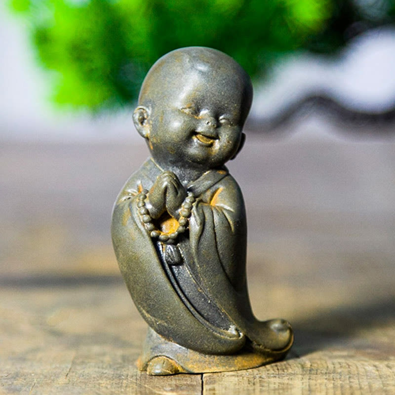 Buddha Stones Small Meditating Monk Iron Powder Rust Cast Resin Statue Desk Decoration