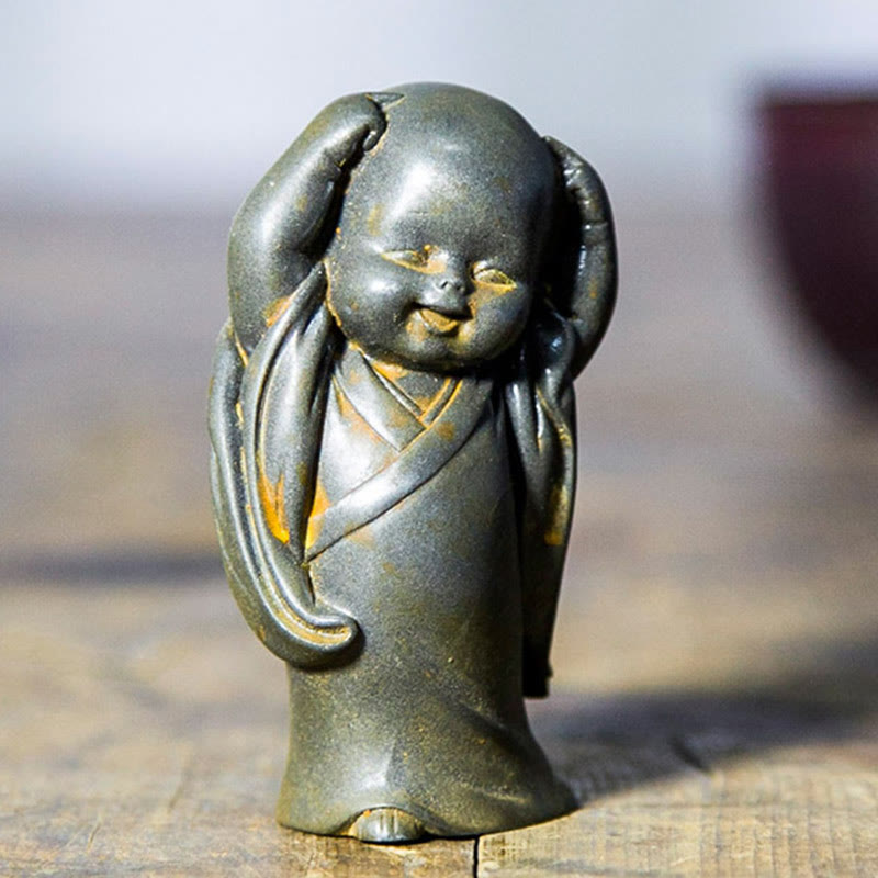 Buddha Stones Small Meditating Monk Iron Powder Rust Cast Resin Statue Desk Decoration