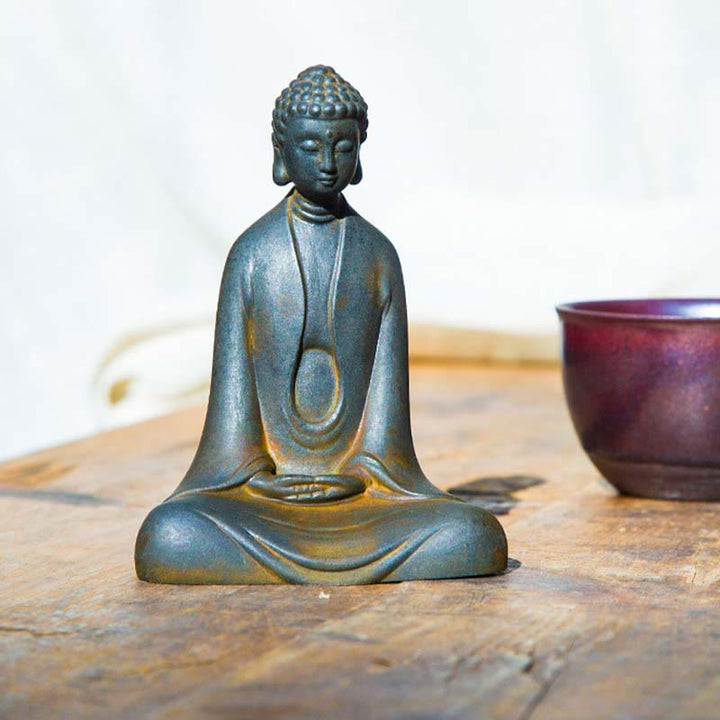 Buddha Stones Handmade Meditation Sakyamuni Buddha Iron Powder Rust Cast Resin Statue Decoration