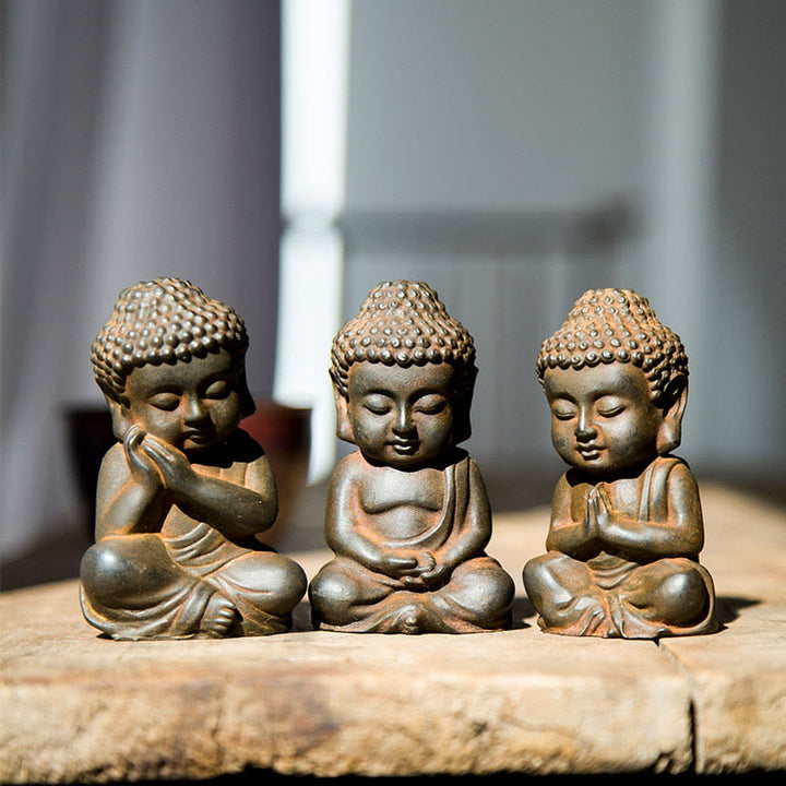 Buddha Stones Handmade Small Sakyamuni Buddha Iron Powder Rust Cast Resin Statue Decoration