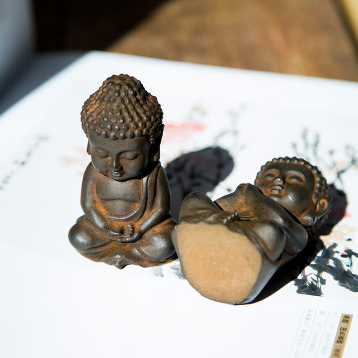 Buddha Stones Handmade Small Sakyamuni Buddha Iron Powder Rust Cast Resin Statue Decoration