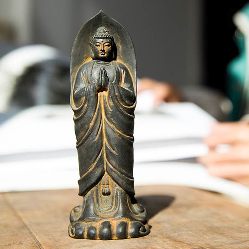 Buddha Stones Handmade Sakyamuni Buddha Namaste Iron Powder Rust Cast Resin Statue Decoration - image 7