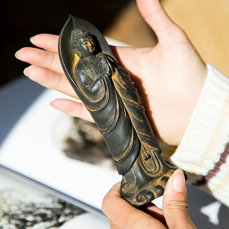 Buddha Stones Handmade Sakyamuni Buddha Namaste Iron Powder Rust Cast Resin Statue Decoration - image 2