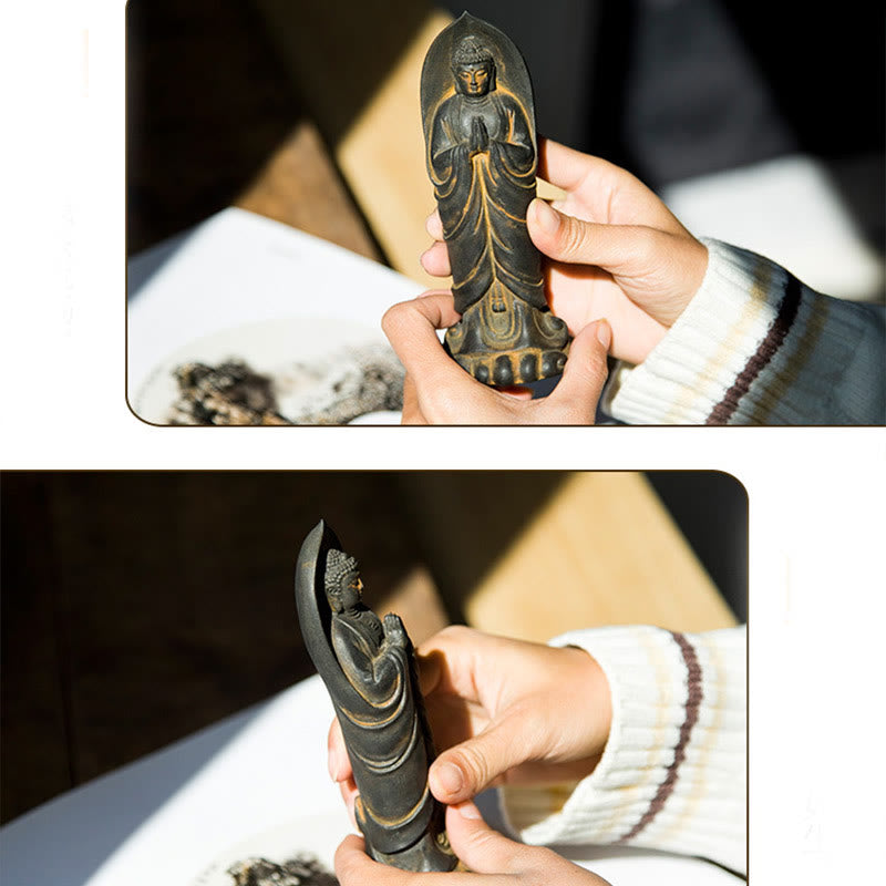 Buddha Stones Handmade Sakyamuni Buddha Namaste Iron Powder Rust Cast Resin Statue Decoration