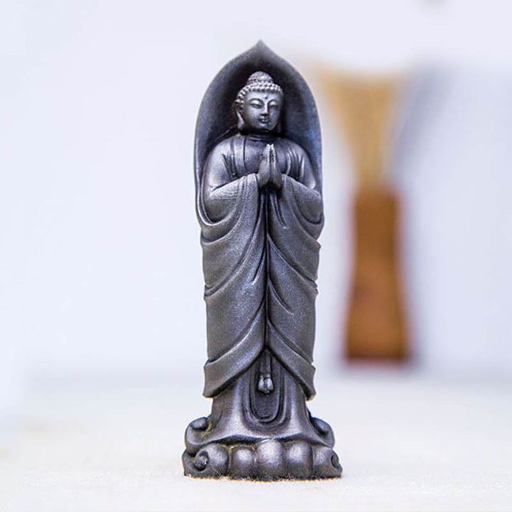 Buddha Stones Handmade Sakyamuni Buddha Namaste Iron Powder Rust Cast Resin Statue Decoration