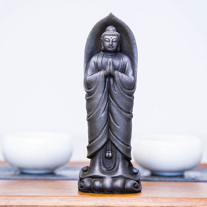 Buddha Stones Handmade Sakyamuni Buddha Namaste Iron Powder Rust Cast Resin Statue Decoration