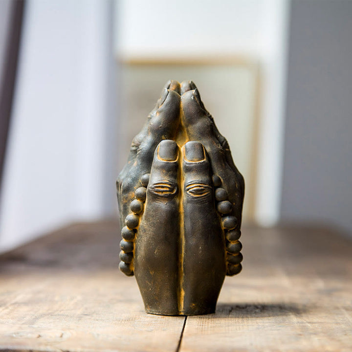 Buddha Stones Handmade Buddha Hand Namaste Iron Powder Rust Cast Resin Statue Decoration - Rust Namaste 15*2.5cm - image 0