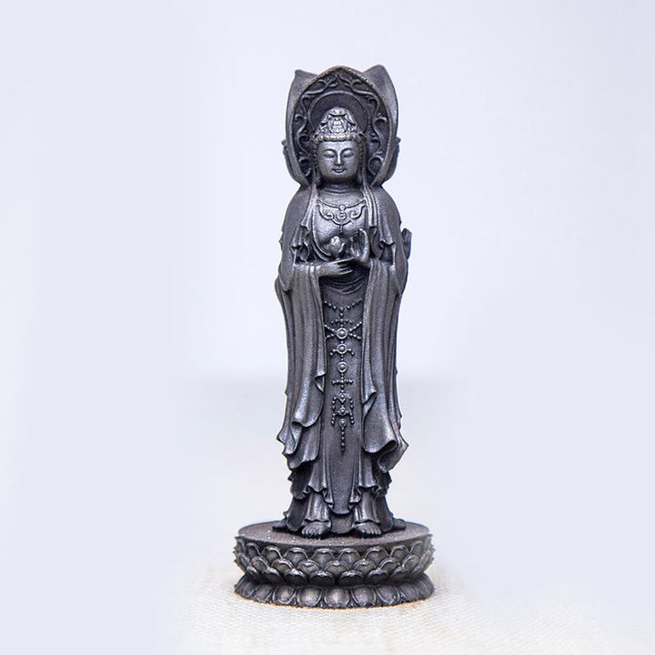 Buddha Stones Three-sided Kwan Yin Avalokitesvara Iron Powder Rust Cast Resin Statue Wealth Desk Decoration