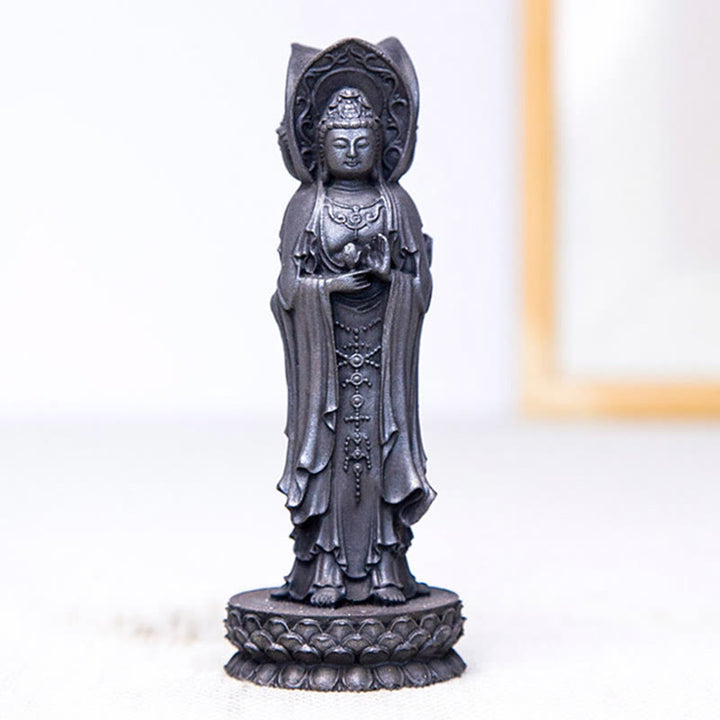 Buddha Stones Three-sided Kwan Yin Avalokitesvara Iron Powder Rust Cast Resin Statue Wealth Desk Decoration