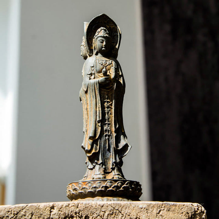 Buddha Stones Three-sided Kwan Yin Avalokitesvara Iron Powder Rust Cast Resin Statue Wealth Desk Decoration - image 4