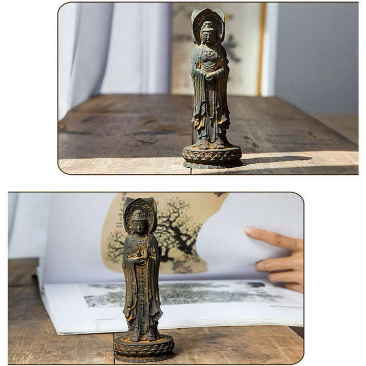 Buddha Stones Three-sided Kwan Yin Avalokitesvara Iron Powder Rust Cast Resin Statue Wealth Desk Decoration