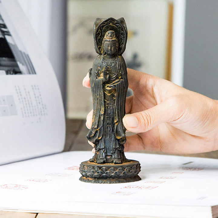 Buddha Stones Three-sided Kwan Yin Avalokitesvara Iron Powder Rust Cast Resin Statue Wealth Desk Decoration