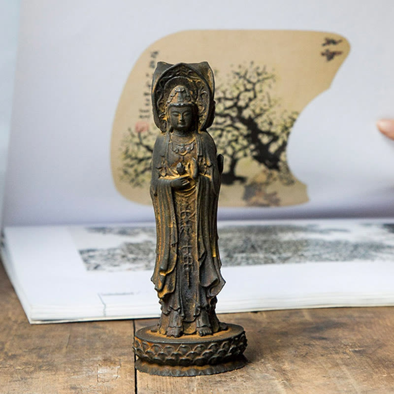 Buddha Stones Three-sided Kwan Yin Avalokitesvara Iron Powder Rust Cast Resin Statue Wealth Desk Decoration