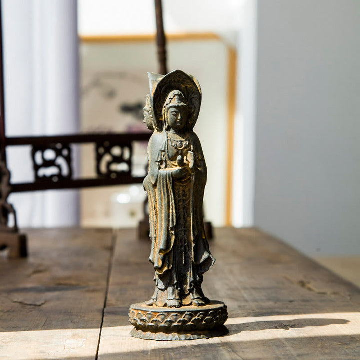 Buddha Stones Three-sided Kwan Yin Avalokitesvara Iron Powder Rust Cast Resin Statue Wealth Desk Decoration - image 2