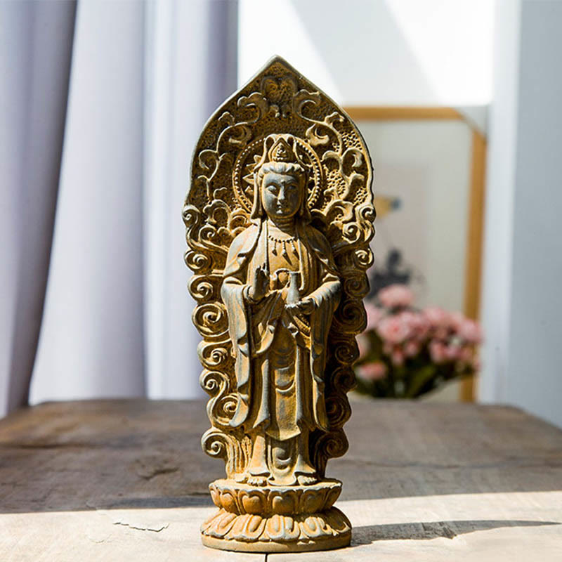 Buddha Stones Handmade Amitabha Guanyin Avalokitesvara Mahasthamaprapta Iron Powder Rust Cast Resin Statue Decoration