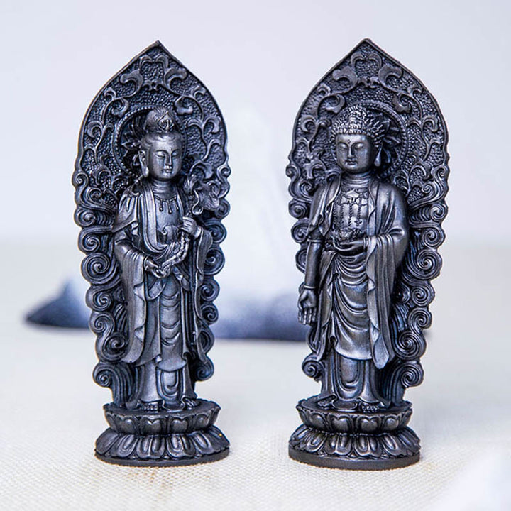 Buddha Stones Handmade Amitabha Guanyin Avalokitesvara Mahasthamaprapta Iron Powder Rust Cast Resin Statue Decoration